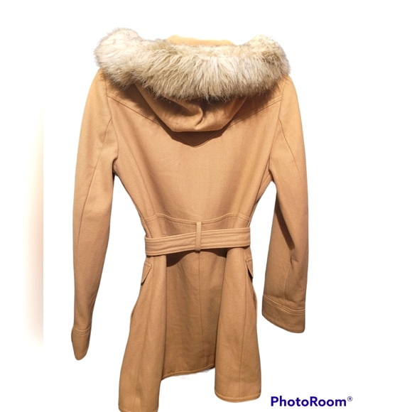 Espirit Luxury Wool-Blend Coat Faux Fur Trim Hood Camel Size Small - Picture 3 of 8